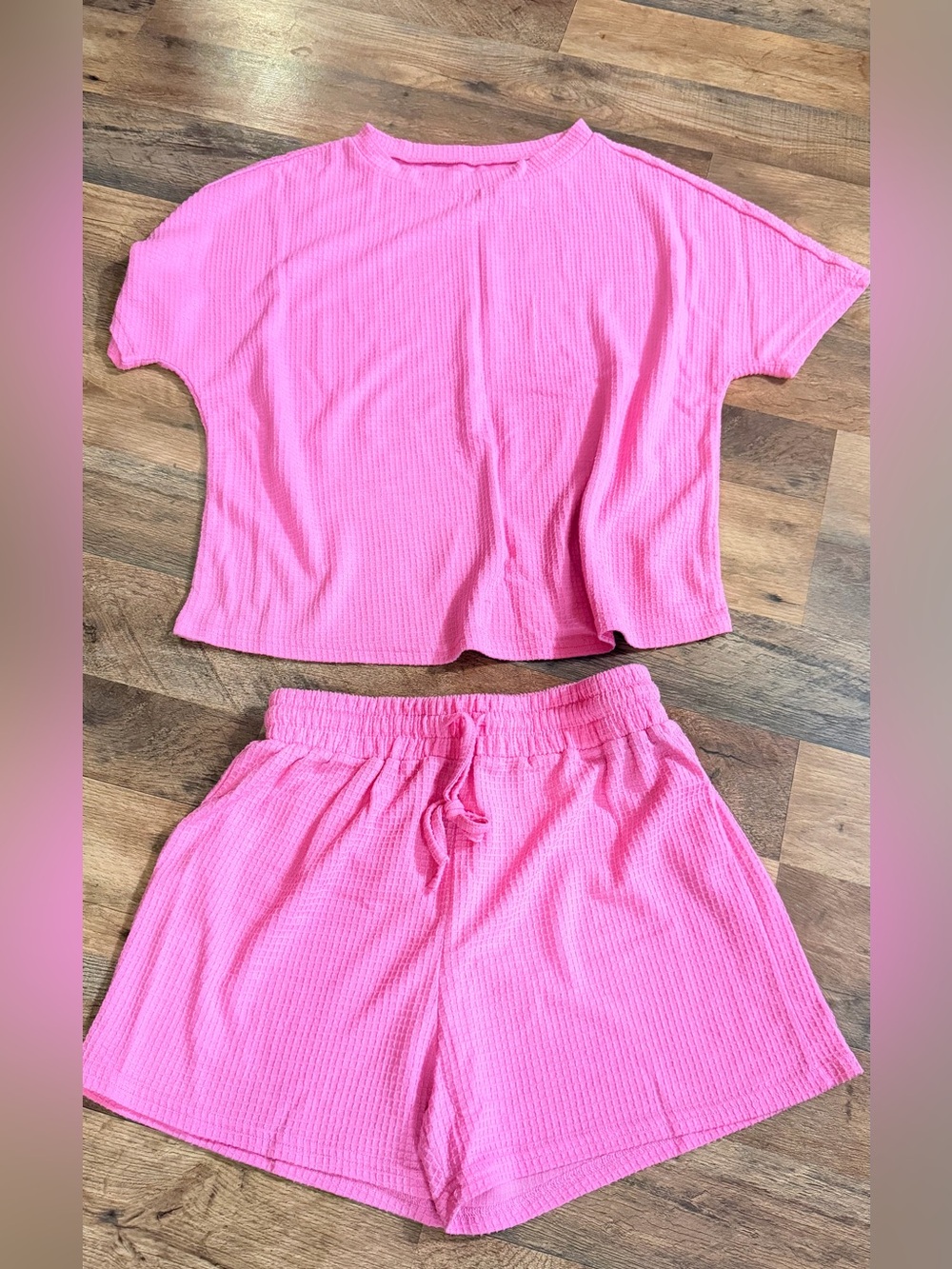 Pink Ribbed Lounge Set - Short Sleeve Top & Shorts